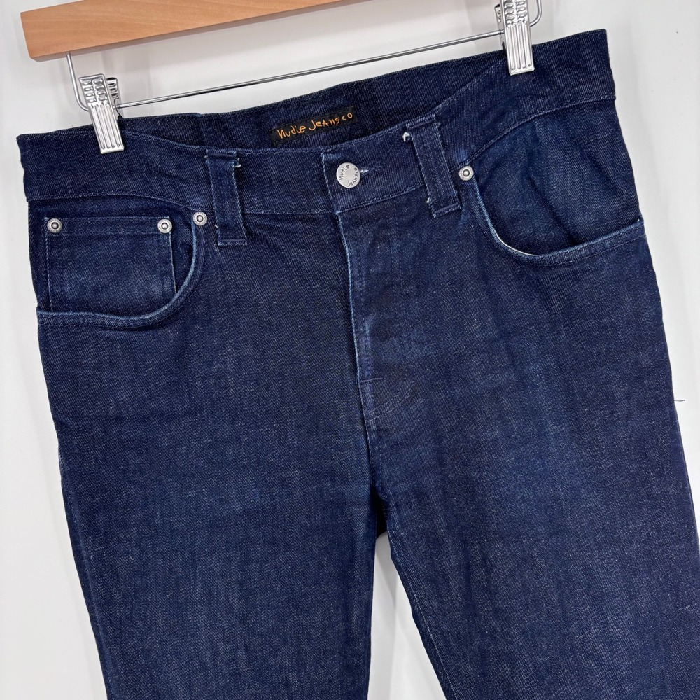 Nudie Jeans Co Grim Tim Dry Navy Dips Slim Straight Jeans Mens 30x29 (Tag 33x34)